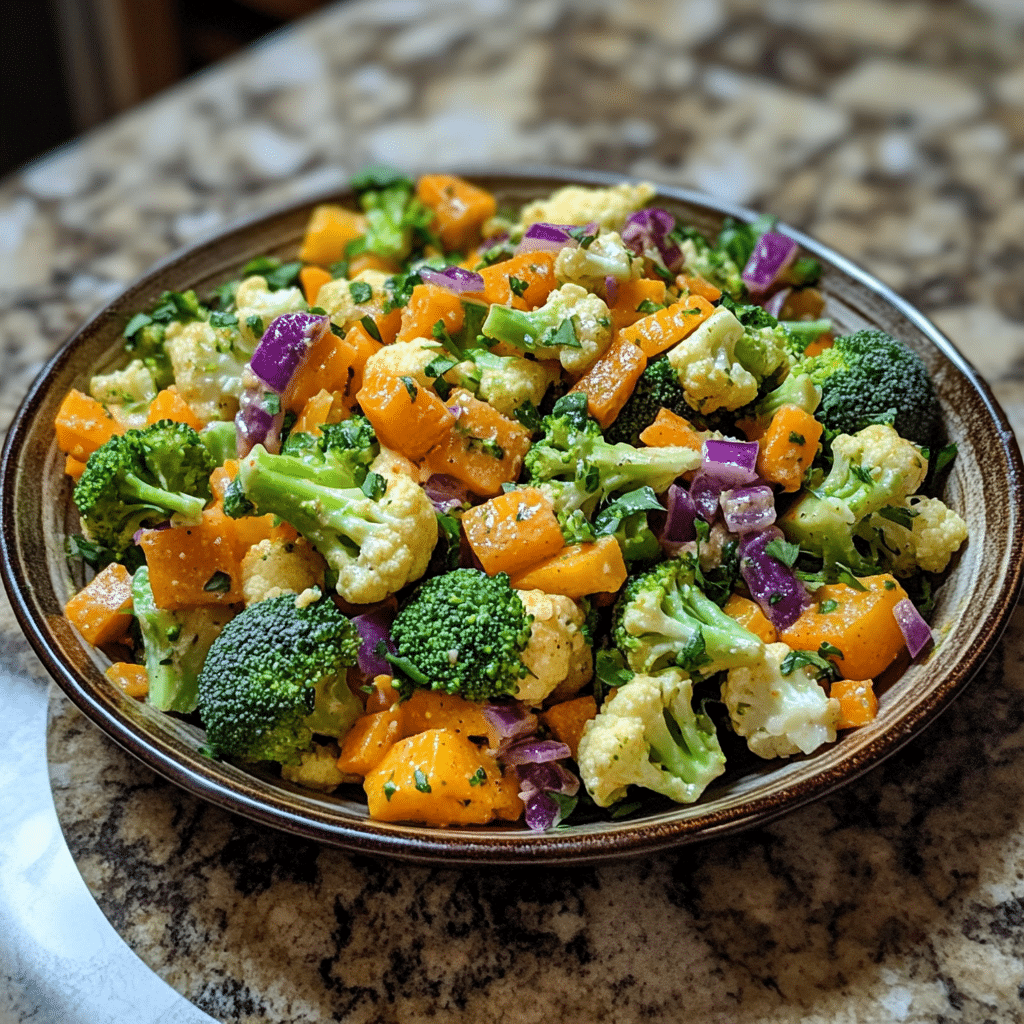 Homemade sweet broccoli cauliflower salad in a serving dish in a bright kitchen