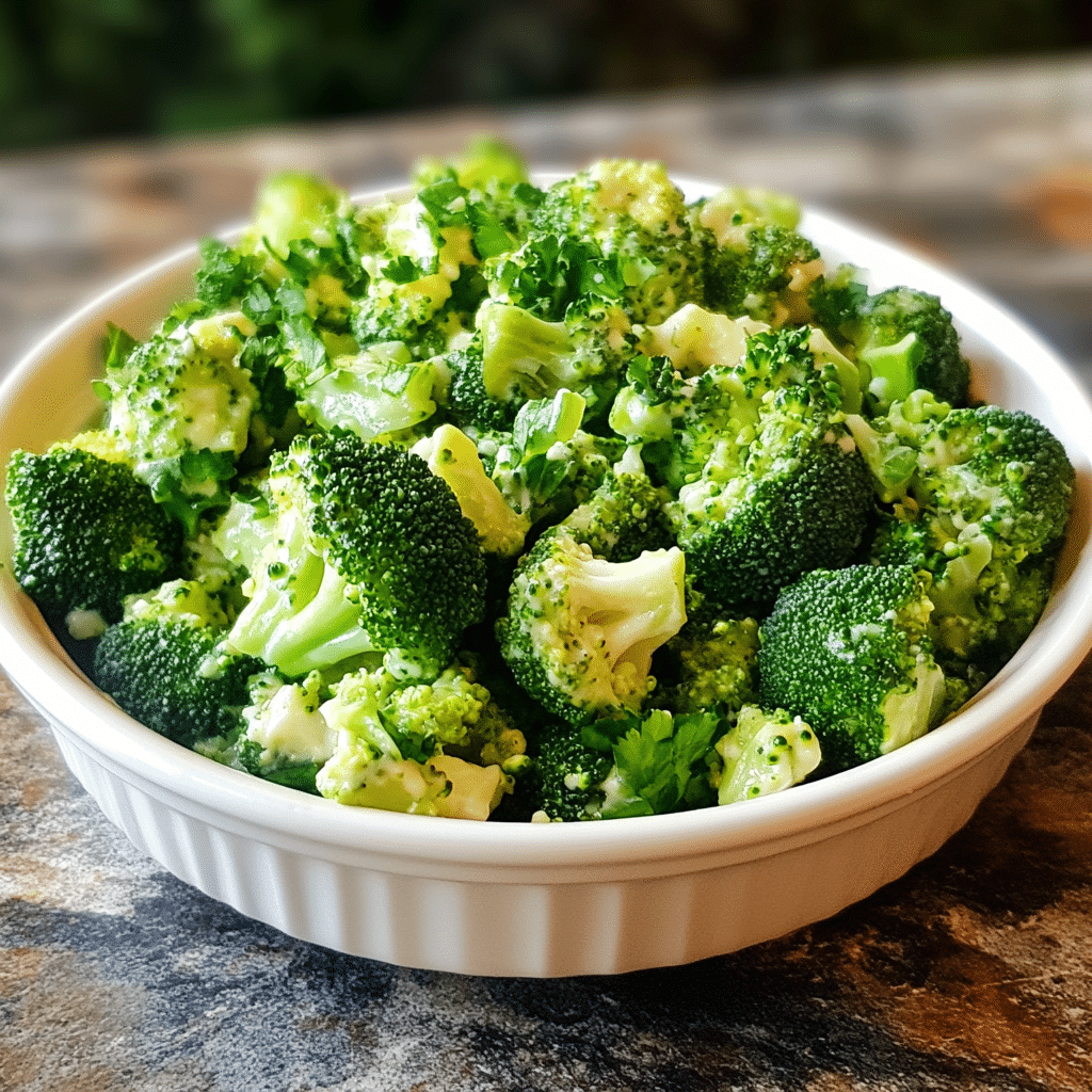 Homemade the best broccoli salad in a serving dish in a bright kitchen
