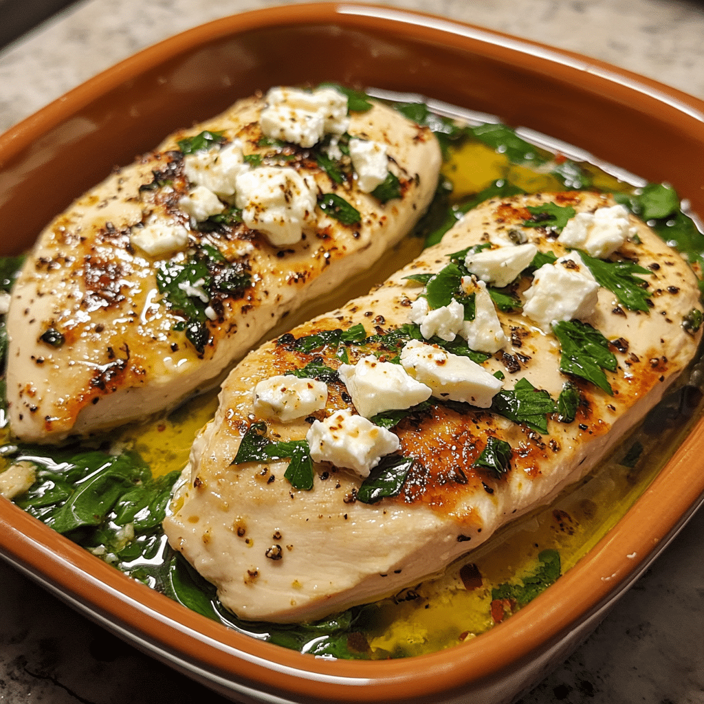 Homemade tasty chicken breast with feta and spinach in a serving dish in a bright kitchen