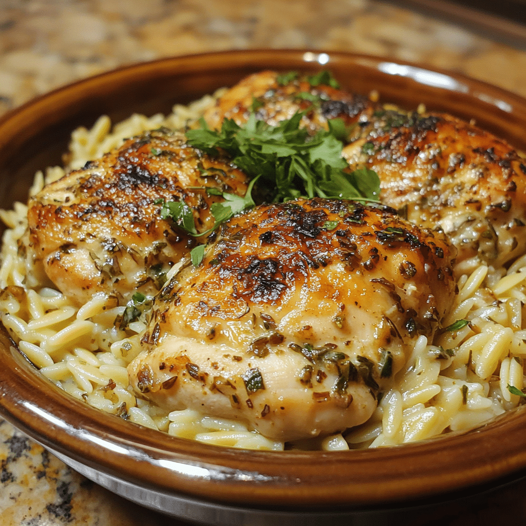 Homemade tasty slow cooker parmesan herb chicken & orzo in a serving dish in a bright kitchen