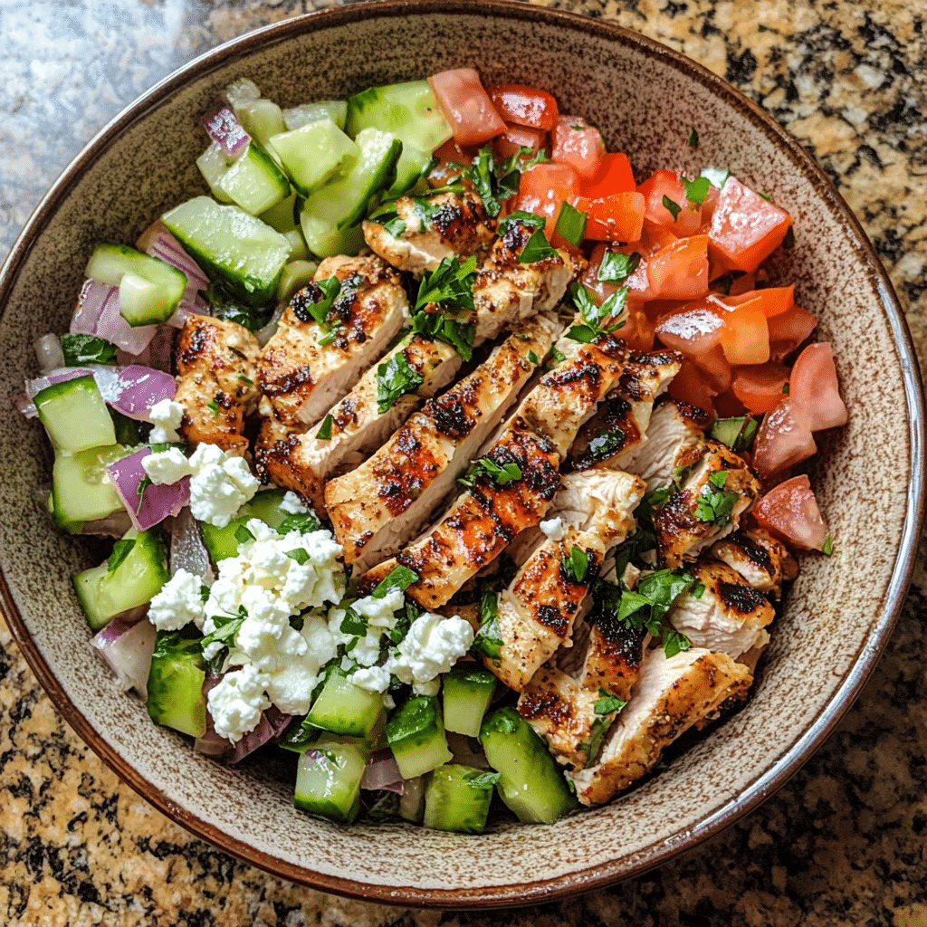 Homemade the best healthy greek chicken bowl in a serving dish in a bright kitchen