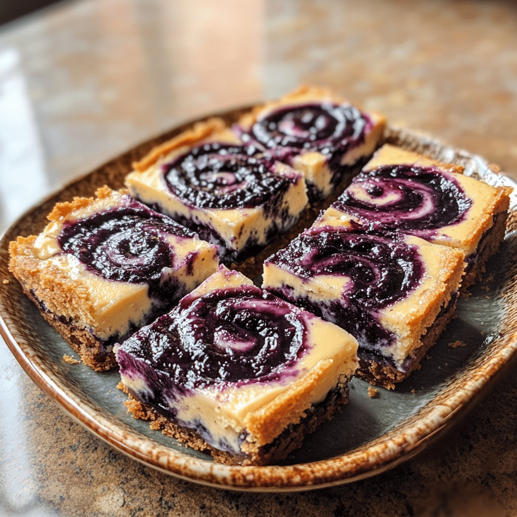 Homemade the best blueberry swirl cheesecake bars - kindly unspoken in a serving dish in a bright kitchen