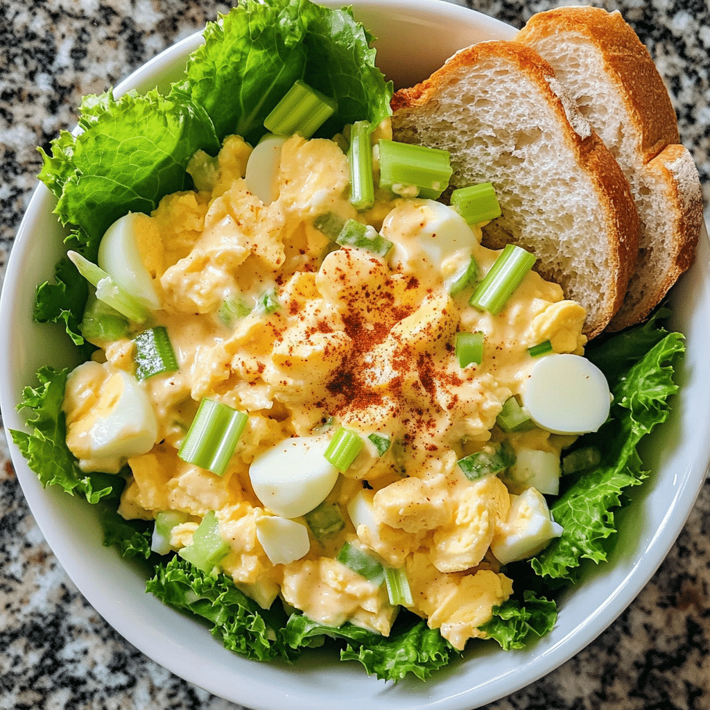 Bowl of creamy egg salad with celery and green onions, sprinkled with paprika