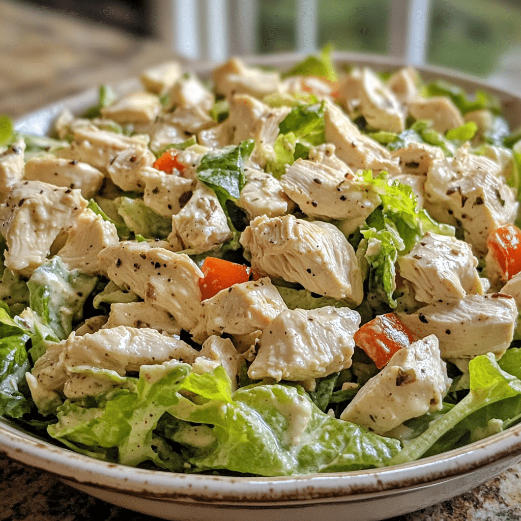 Homemade the best healthy chicken salad recipe in a serving dish in a bright kitchen