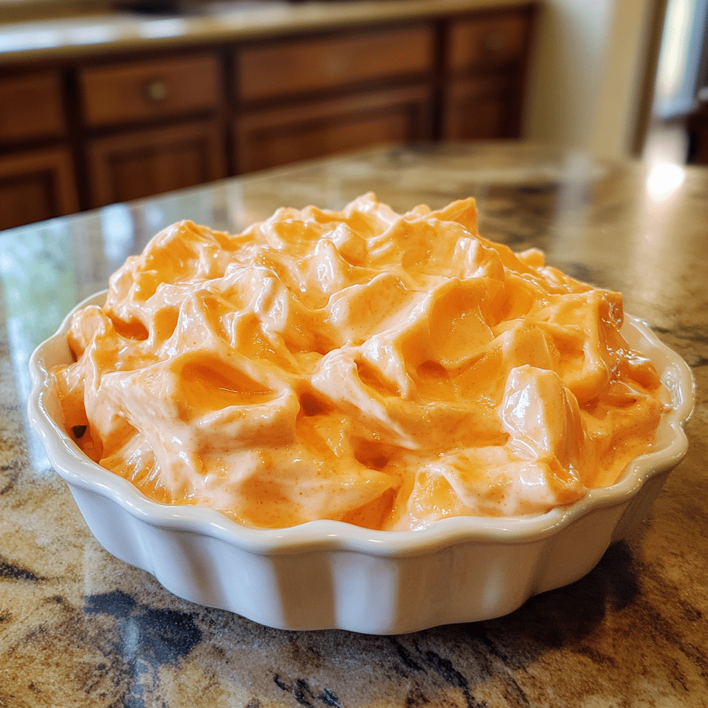 Homemade the best orange creamsicle fluff salad in a serving dish in a bright kitchen