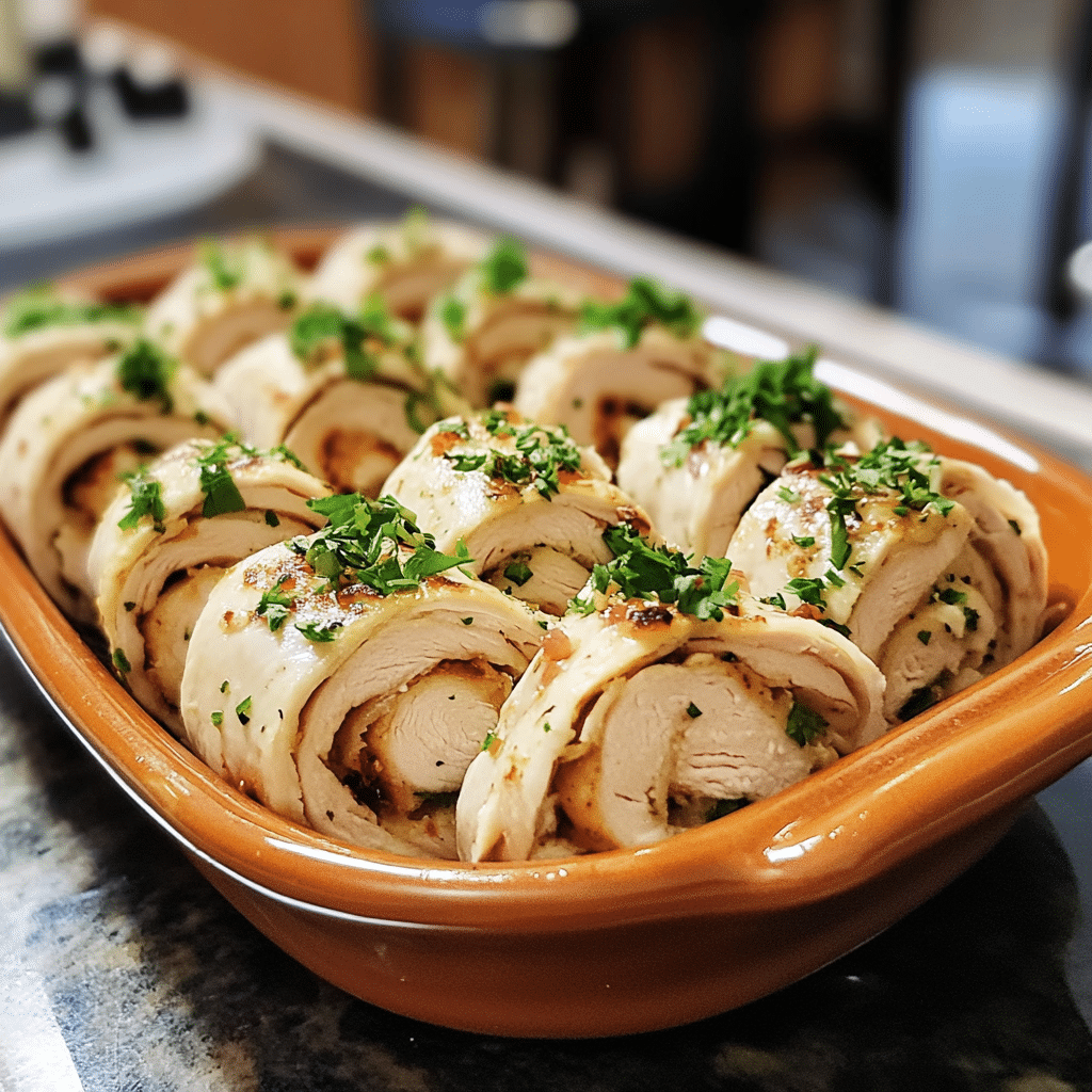 Homemade the famous chicken breast rolls. everybody loves them! in a serving dish in a bright kitchen