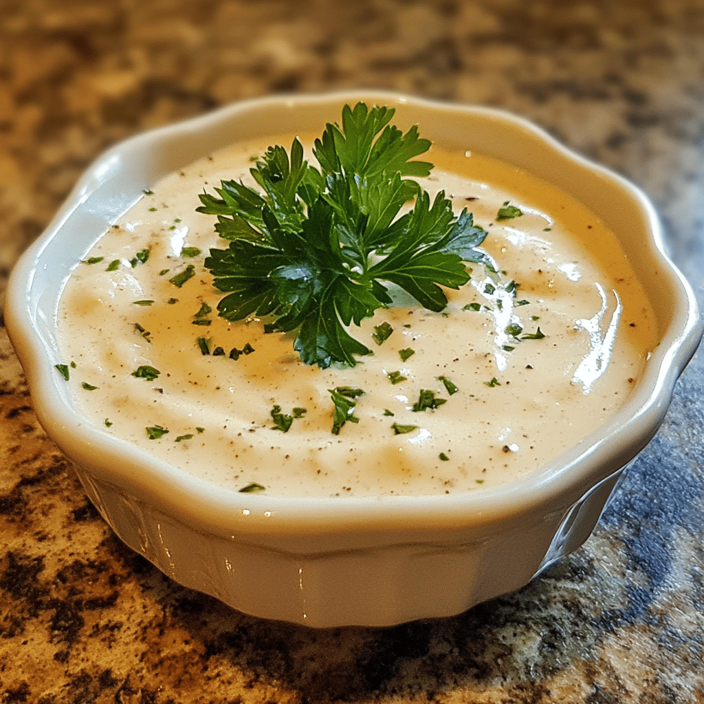 Homemade this garlic cream sauce makes everything taste gourmet in a serving dish in a bright kitchen