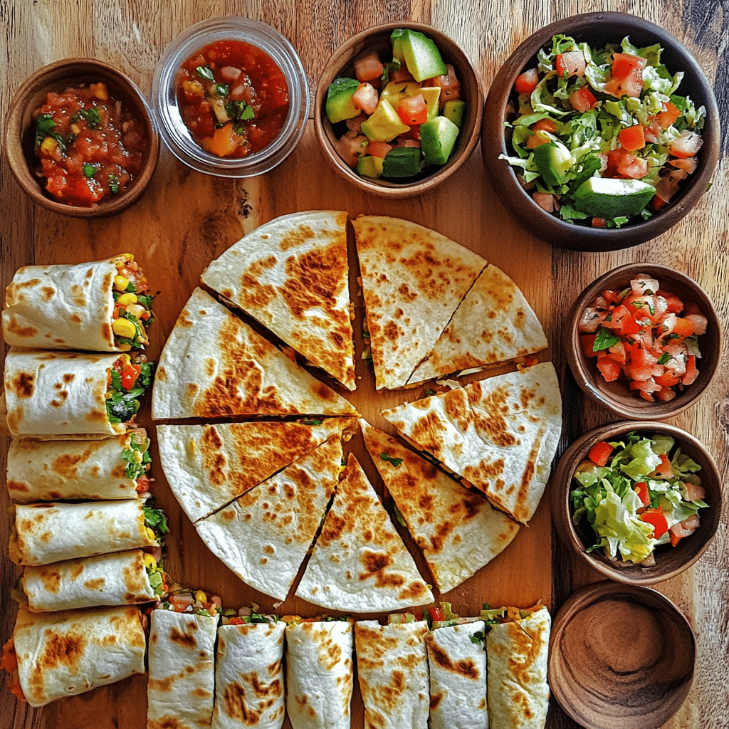Tortilla meal ideas including wraps, quesadillas, tortilla pizzas, and taco bowls on a table