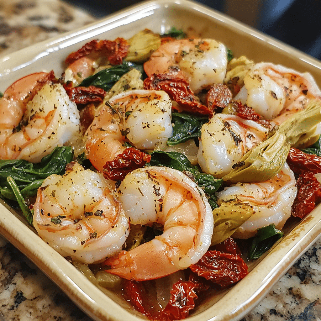Homemade tuscan shrimp with spinach, artichokes, sun-dried tomatoes in a serving dish in a bright kitchen