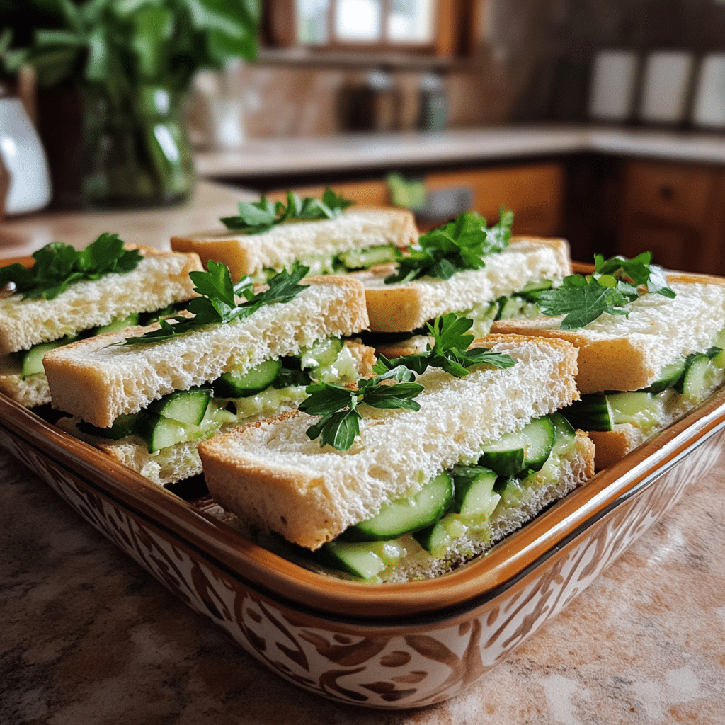 Homemade vegan cucumber tea sandwiches in a serving dish in a bright kitchen