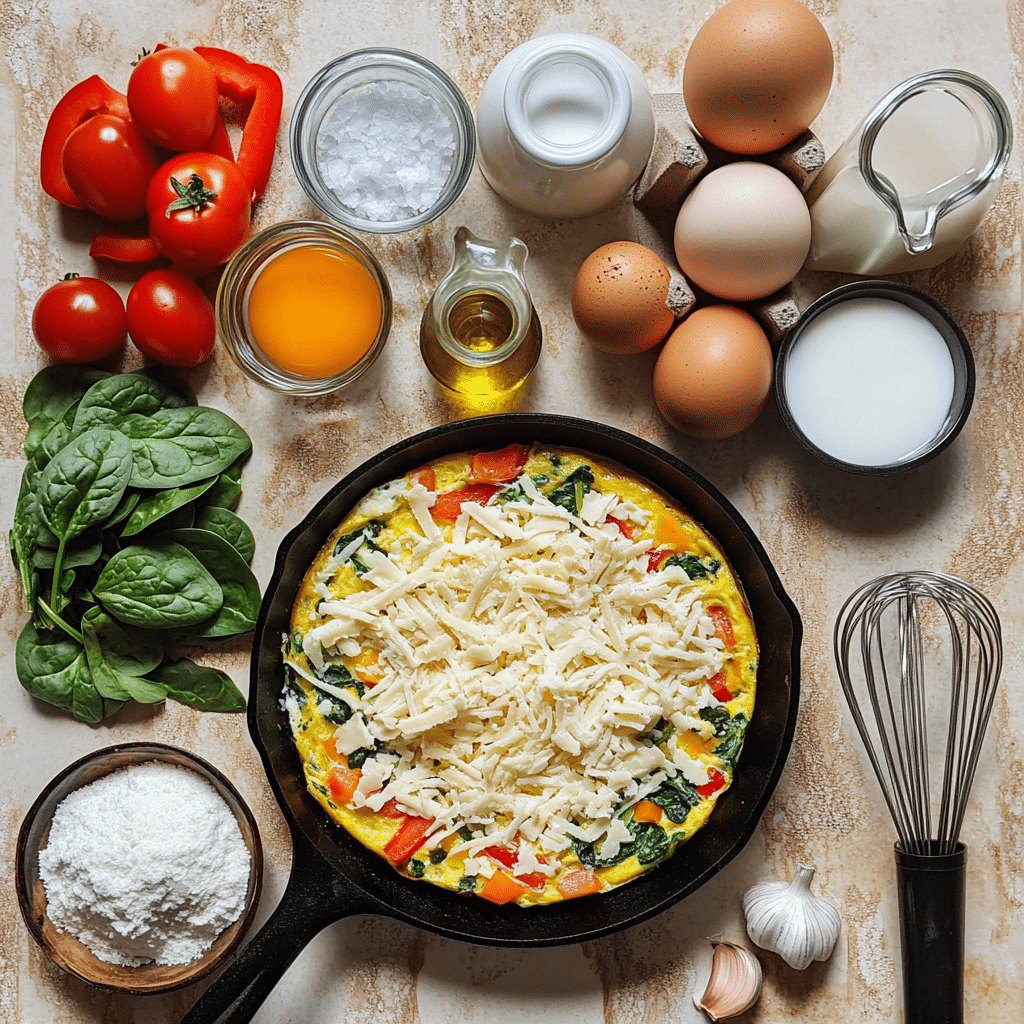ingredients for vegetable frittata including eggs milk cheese spinach peppers onion tomatoes mushrooms and seasonings