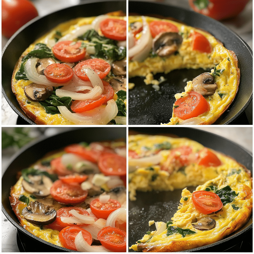 four panel collage showing steps to make vegetable frittata