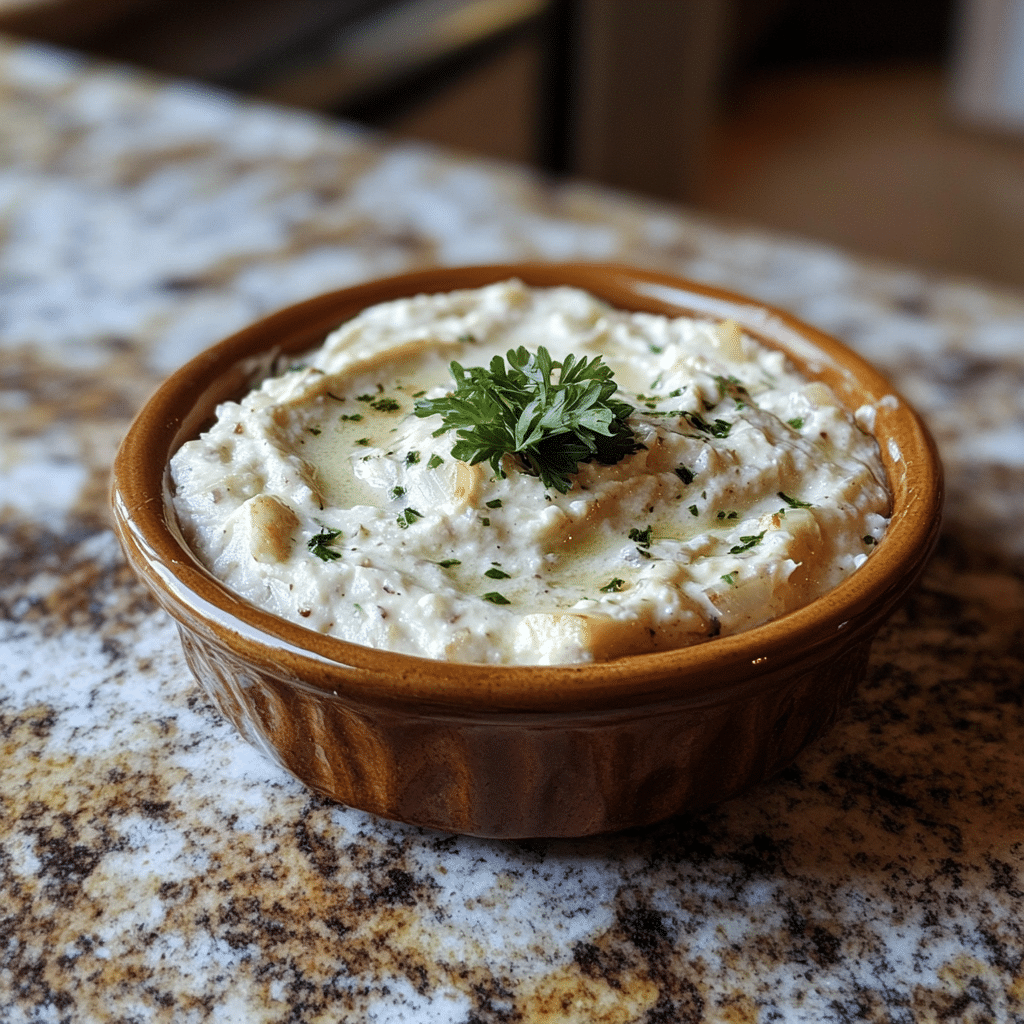 Homemade vidalia onion dip in a serving dish in a bright kitchen