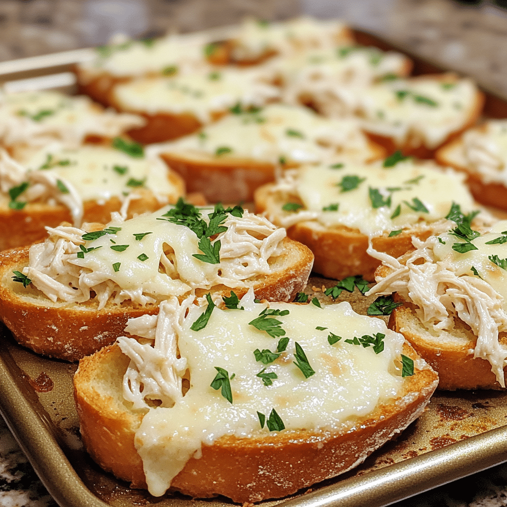 Chicken Alfredo garlic bread with melted cheese and parsley on a baking tray