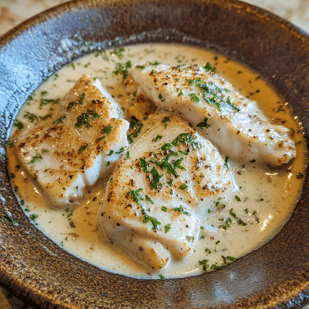 Homemade tilapia cream sauce in a serving dish in a bright kitchen
