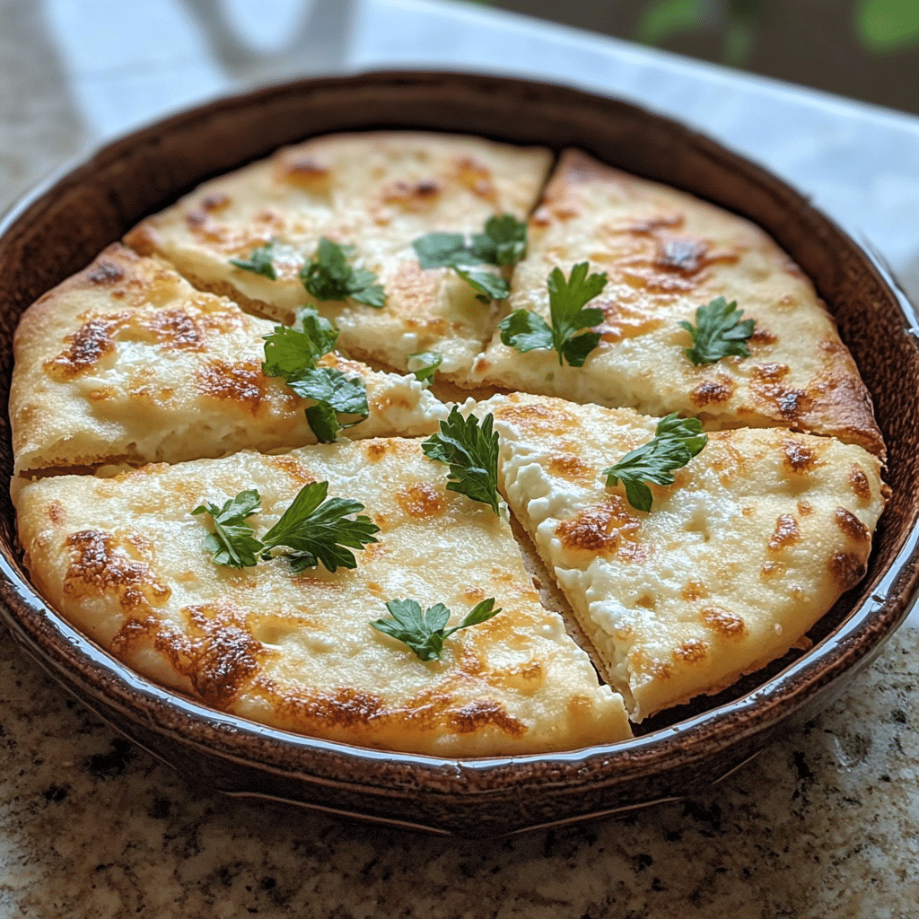Homemade 2 ingredient cottage cheese flatbread in a serving dish in a bright kitchen