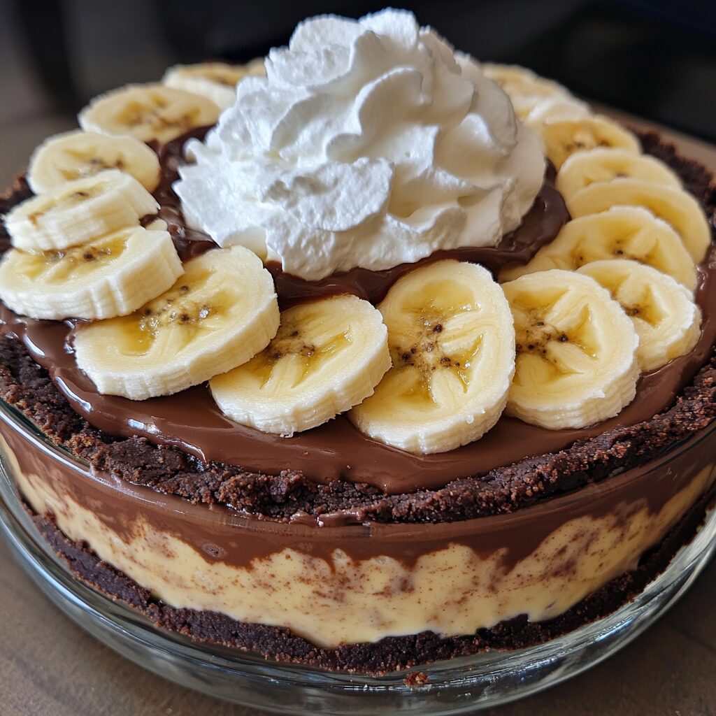 5-Layer Chocolate Banana Pudding Pie showing layered pudding, bananas, chocolate crust, and whipped topping.