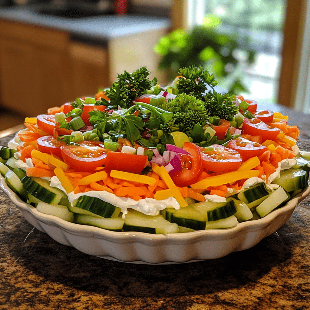 Homemade 7 layer salad recipe in a serving dish in a bright kitchen