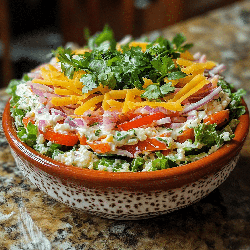 Homemade 7 layer salad recipe in a serving dish in a bright kitchen
