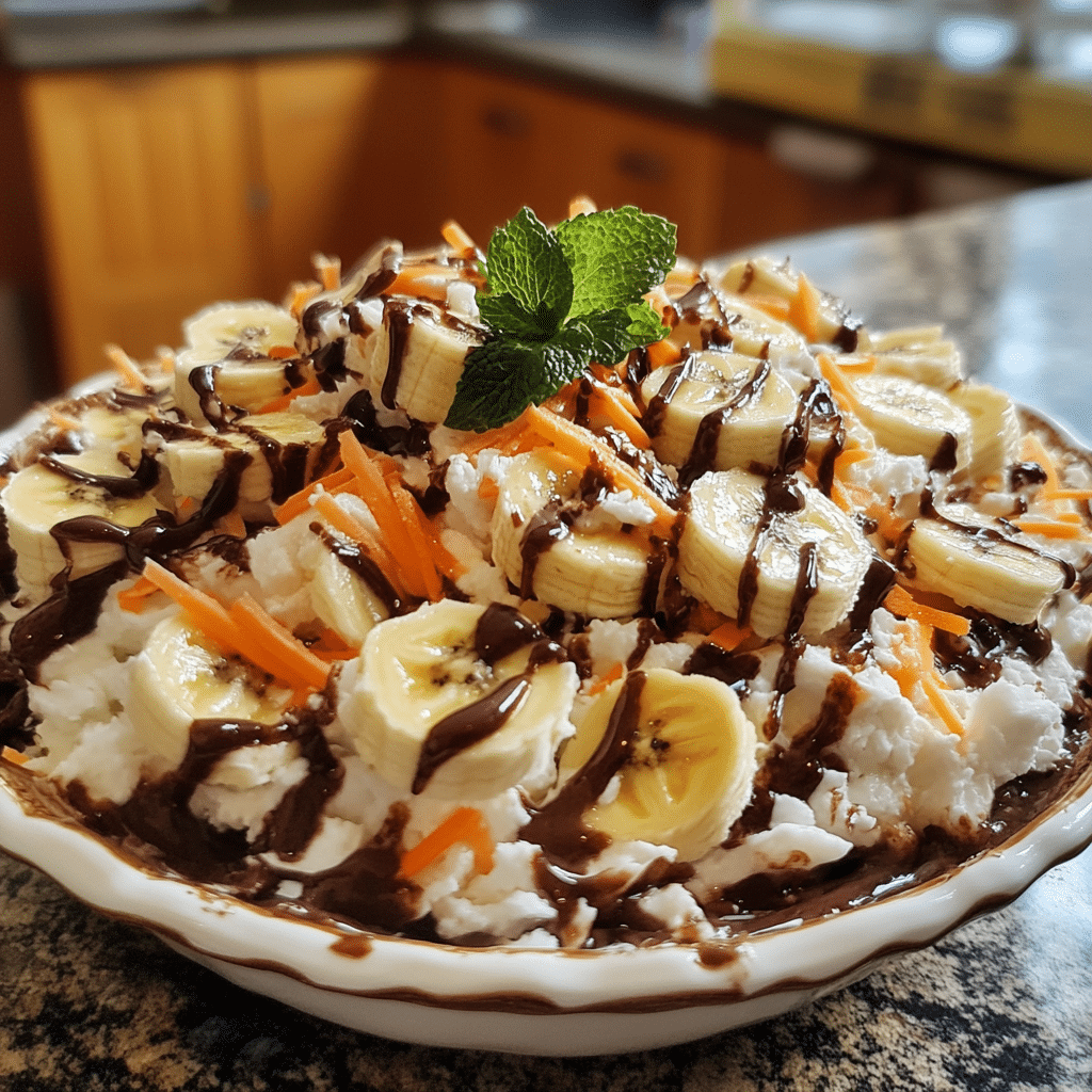 Homemade banana split fluff salad in a serving dish in a bright kitchen