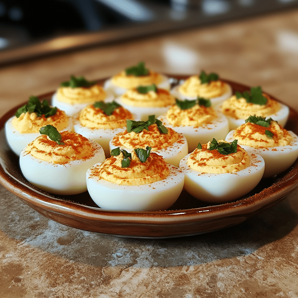 Homemade best-ever deviled eggs in a serving dish in a bright kitchen