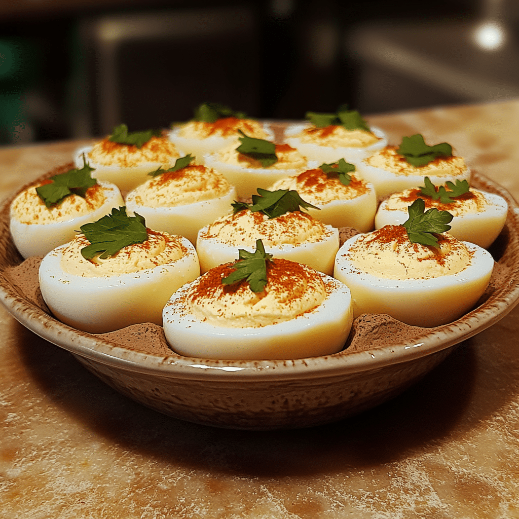Homemade best-ever deviled eggs in a serving dish in a bright kitchen