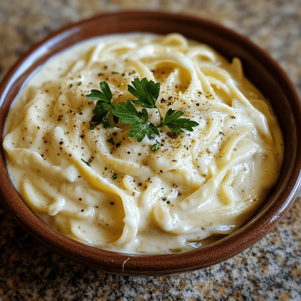 Homemade best greek yogurt alfredo sauce in a serving dish in a bright kitchen
