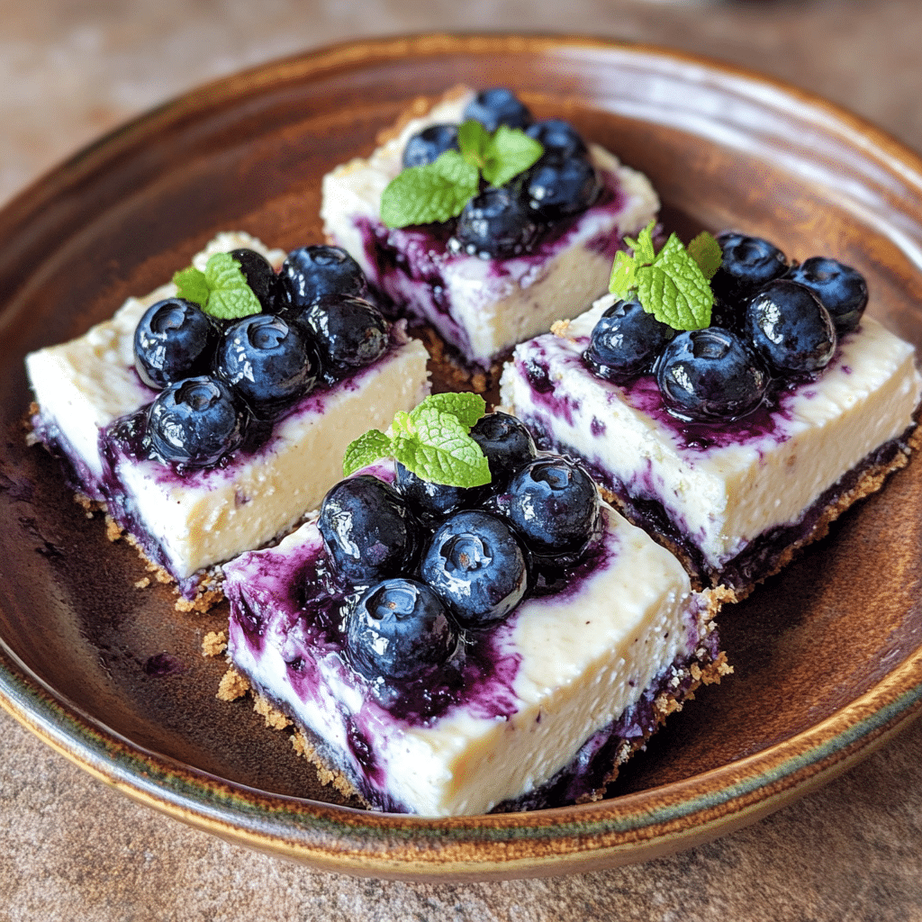 Homemade blueberry lemon cheesecake bars in a serving dish in a bright kitchen