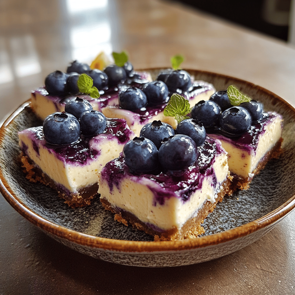 Homemade blueberry lemon cheesecake bars in a serving dish in a bright kitchen