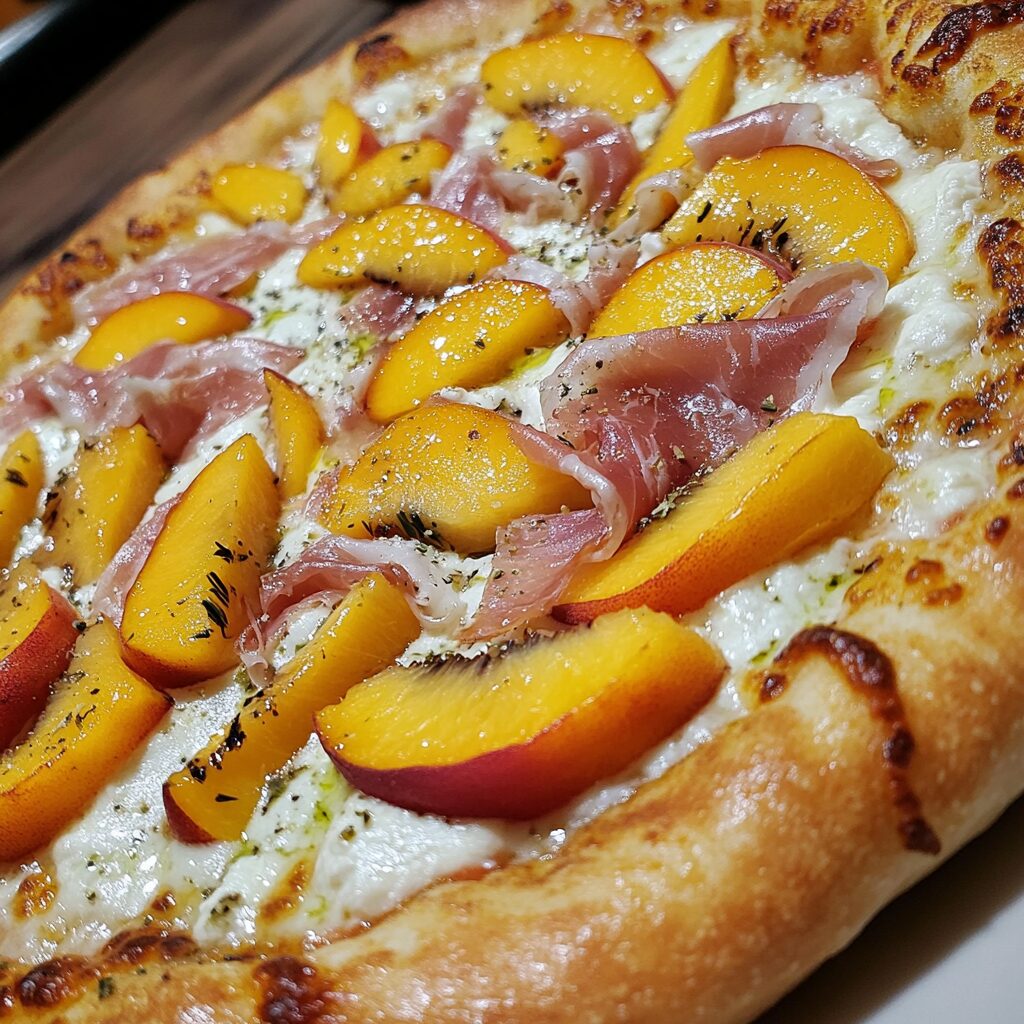 Burrata 3 Cheese Prosciutto Peach Pizza baked until golden with peaches, cheese, basil, and turkey prosciutto-style slices.