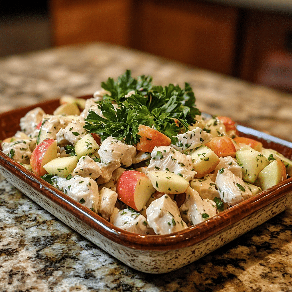 Homemade chicken salad with apples in a serving dish in a bright kitchen