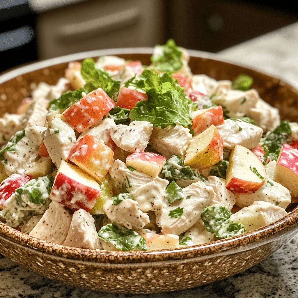 Homemade chicken salad with apples in a serving dish in a bright kitchen