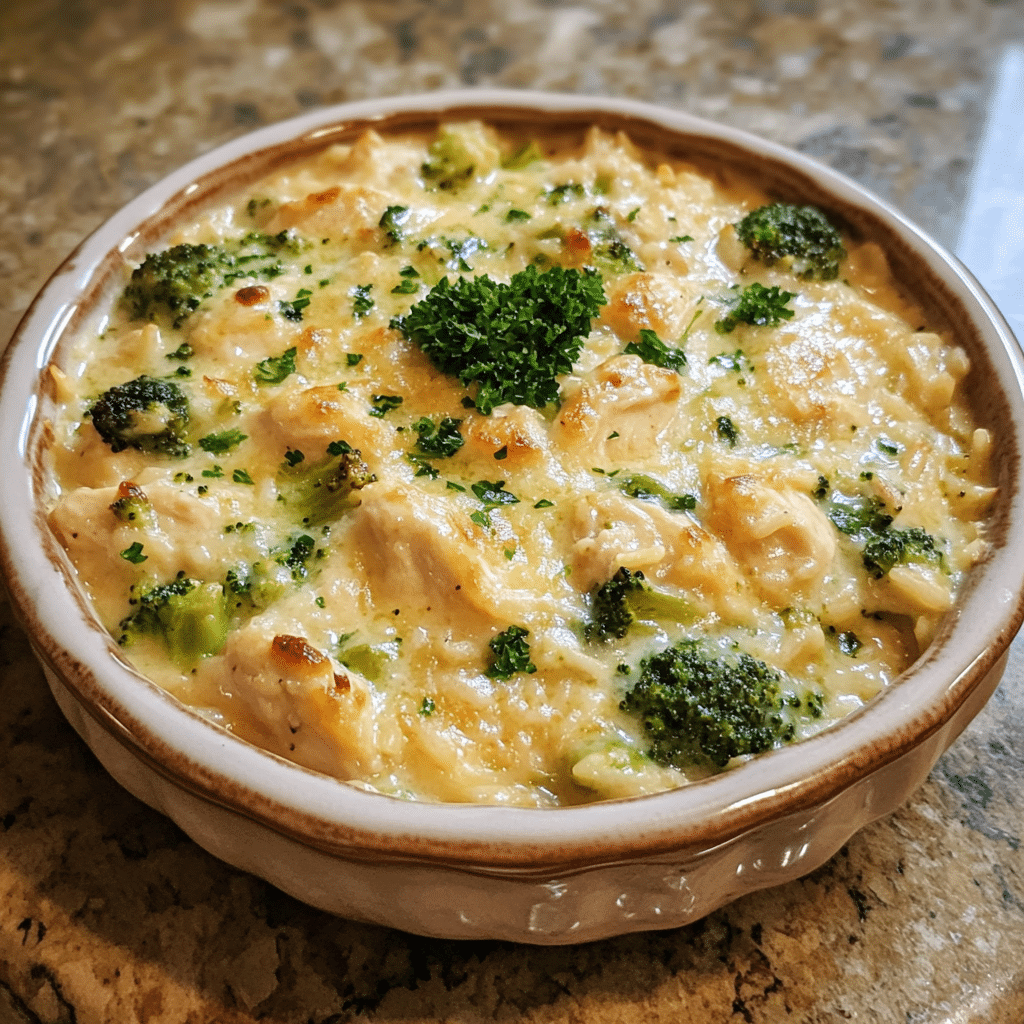 Homemade creamy chicken broccoli rice cheese casserole in a serving dish in a bright kitchen