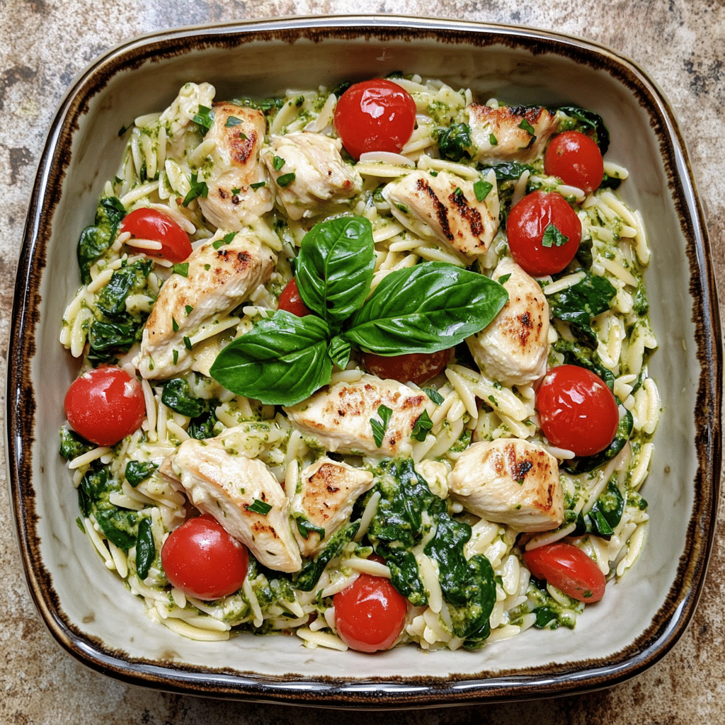 Homemade creamy chicken orzo with spinach, cherry tomatoes, and basil pesto in a serving dish in a bright kitchen