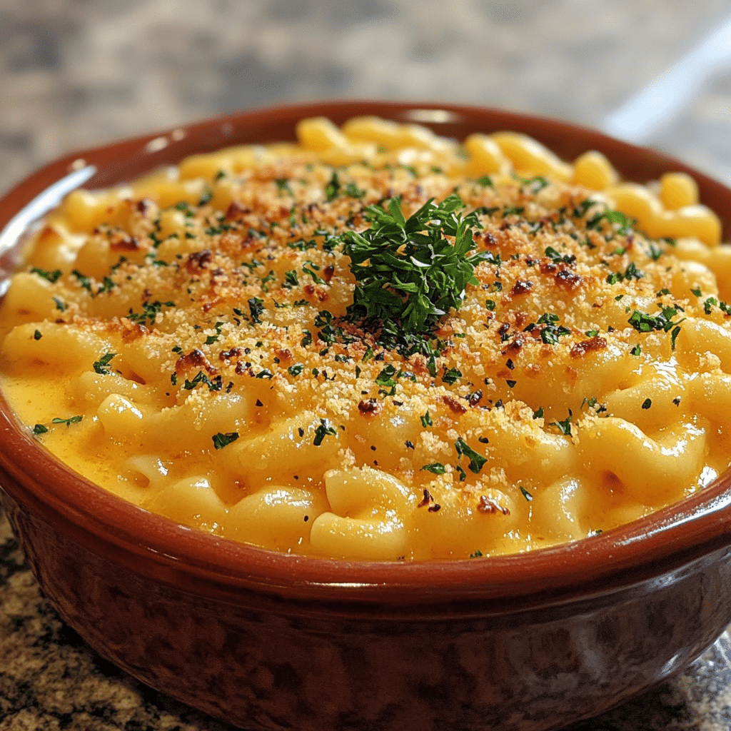Homemade crockpot mac and cheese in a serving dish in a bright kitchen
