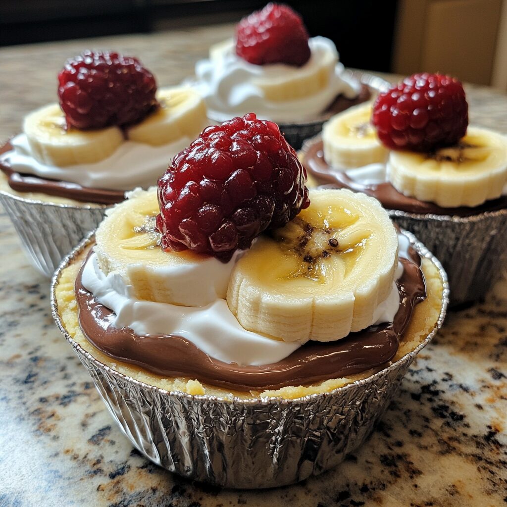 Cups Berry 5-Layer Chocolate Banana Pudding Pie showing layered pudding, bananas, chocolate crust, and whipped topping