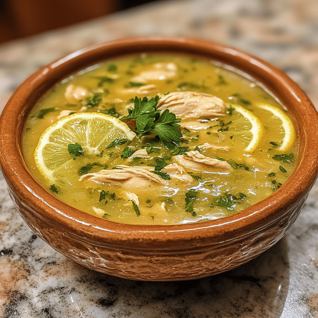 Homemade delicious greek lemon chicken soup in a serving dish in a bright kitchen