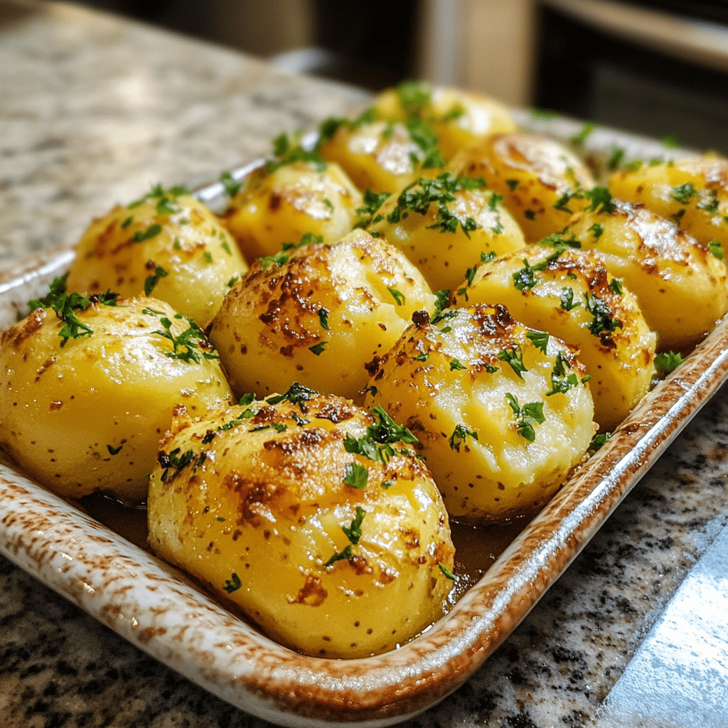 Homemade deviled potatoes in a serving dish in a bright kitchen