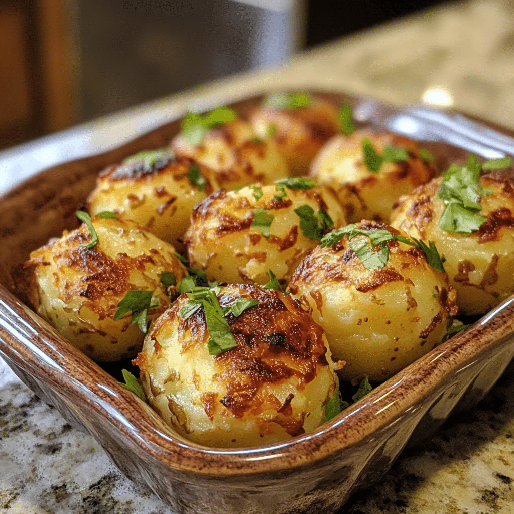 Homemade deviled potatoes in a serving dish in a bright kitchen
