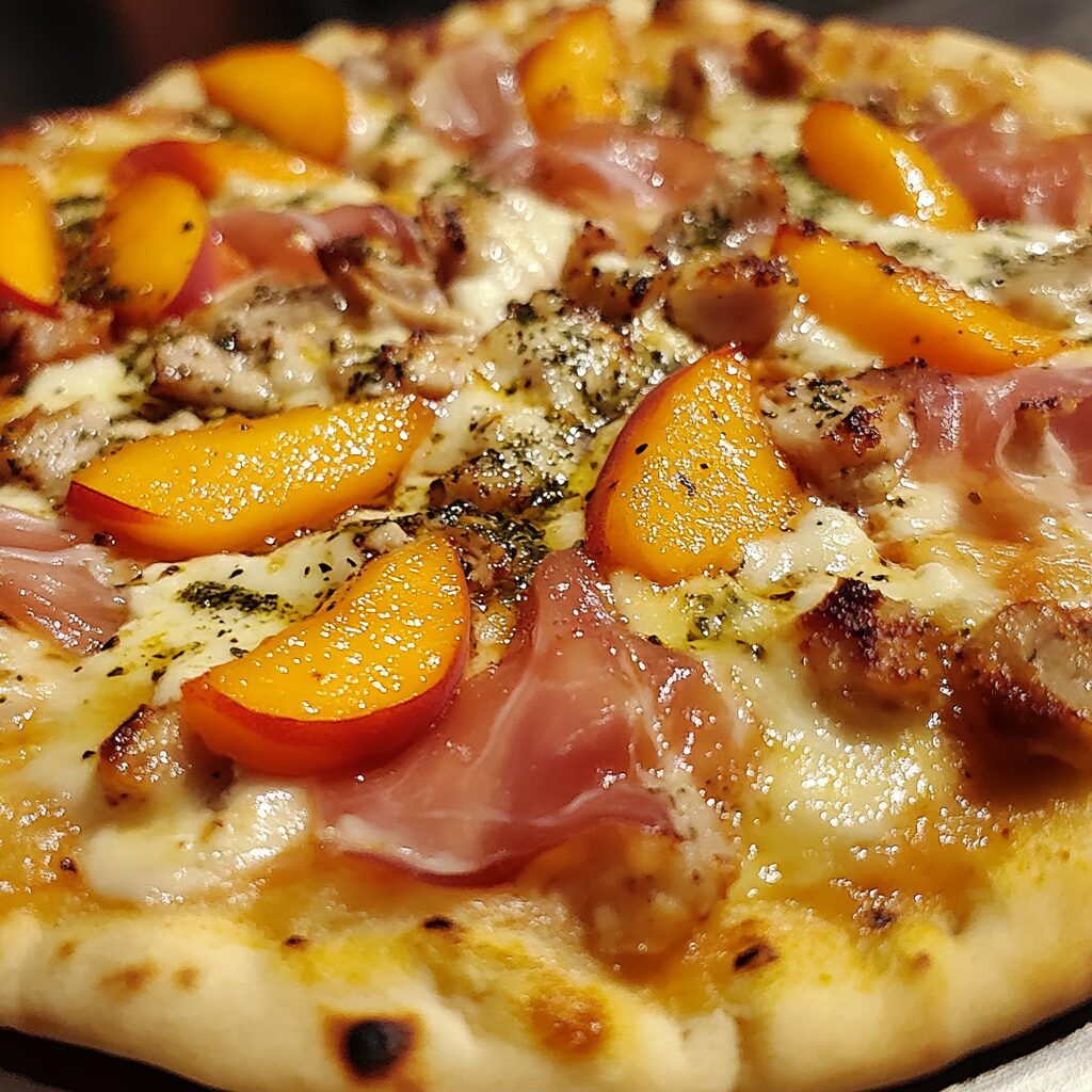 Easy Naan 3 Cheese Prosciutto Peach Pizza baked until golden with peaches, cheese, basil, and turkey prosciutto-style slices
