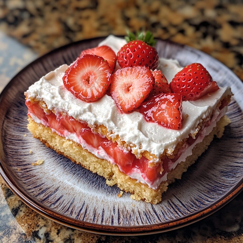 Easy Strawberry Shortcake Sheet Cake for a Crowd served fresh in natural light