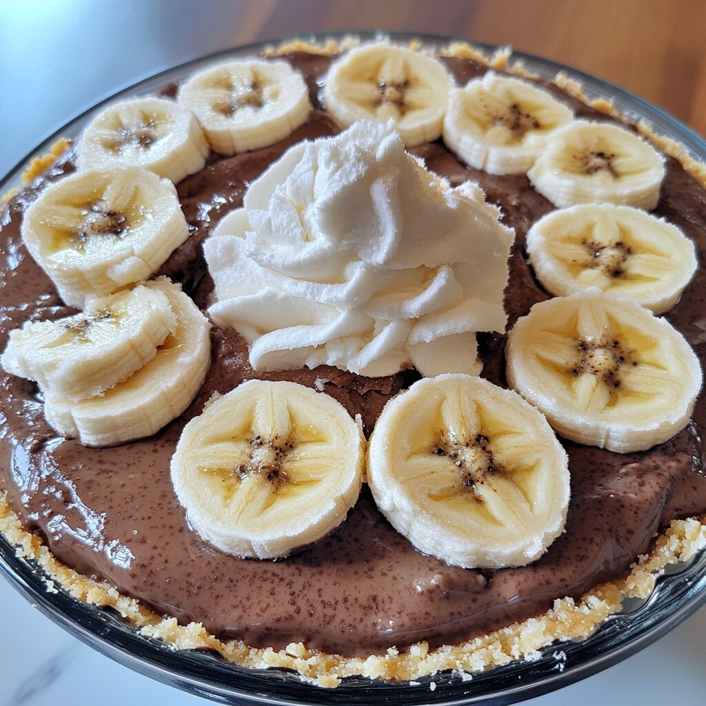 Frozen 5-Layer Chocolate Banana Pudding Pie showing layered pudding, bananas, chocolate crust, and whipped topping.