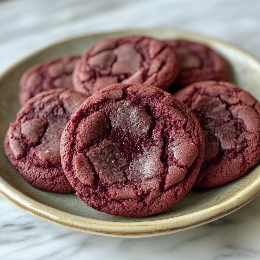 Fudgy Red Velvet Cookies served fresh in natural light