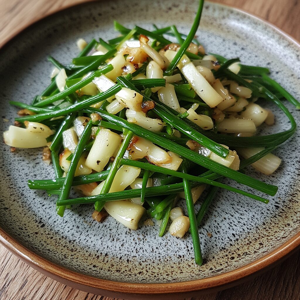 Garlic Scape Stir Fry served fresh in natural light