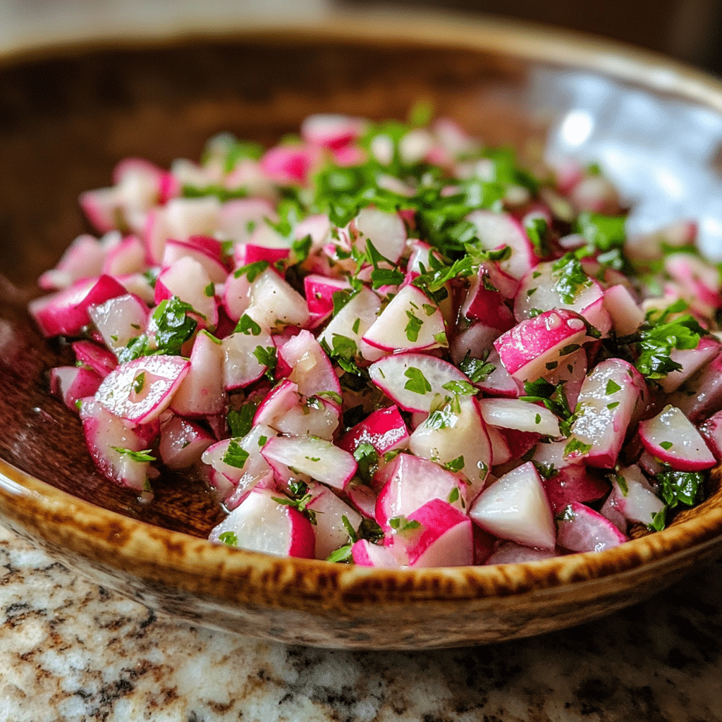 Homemade gordon ramsay radish salad recipe in a serving dish in a bright kitchen
