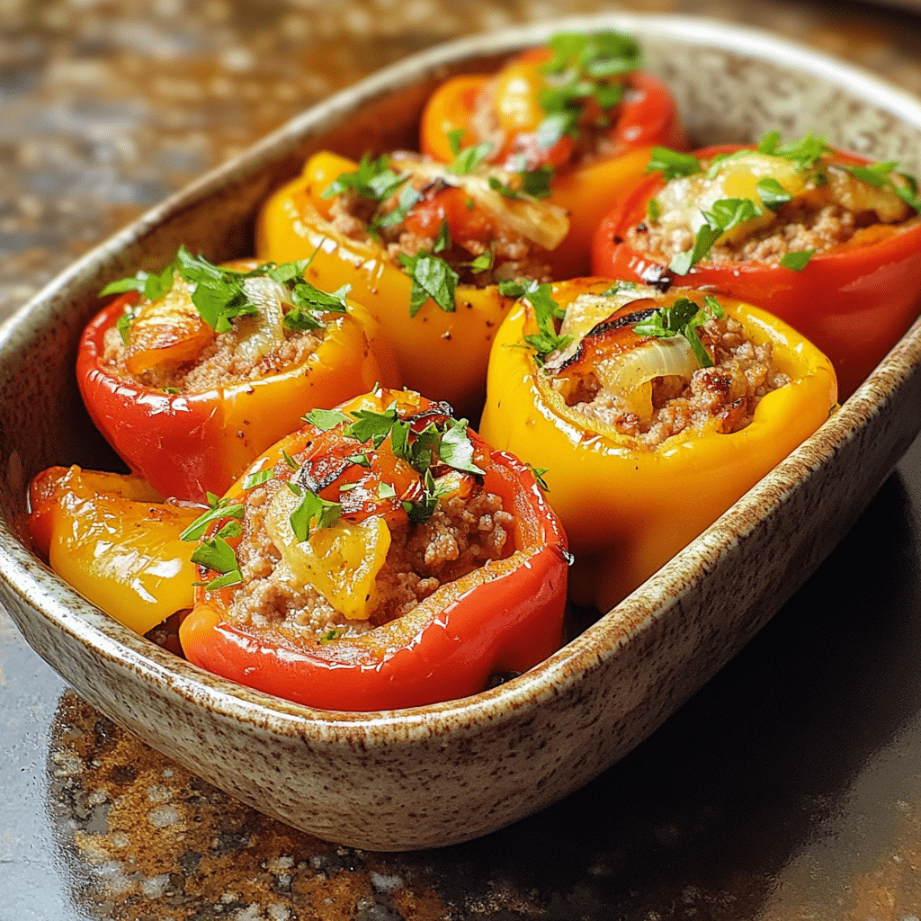 Homemade ground chicken greek stuffed peppers in a serving dish in a bright kitchen