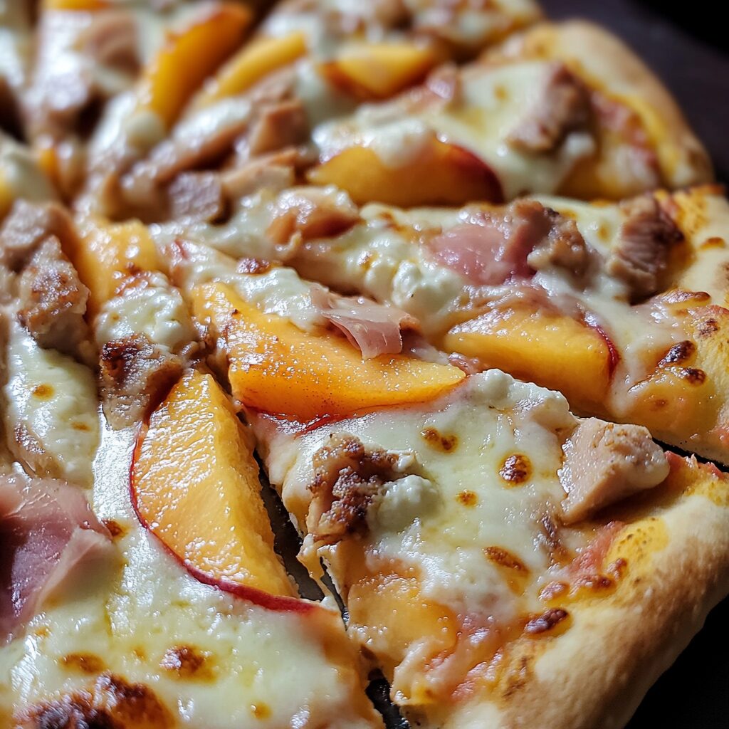High-Protein 3 Cheese Prosciutto Peach Pizza baked until golden with peaches, cheese, basil, and turkey prosciutto-style slices.