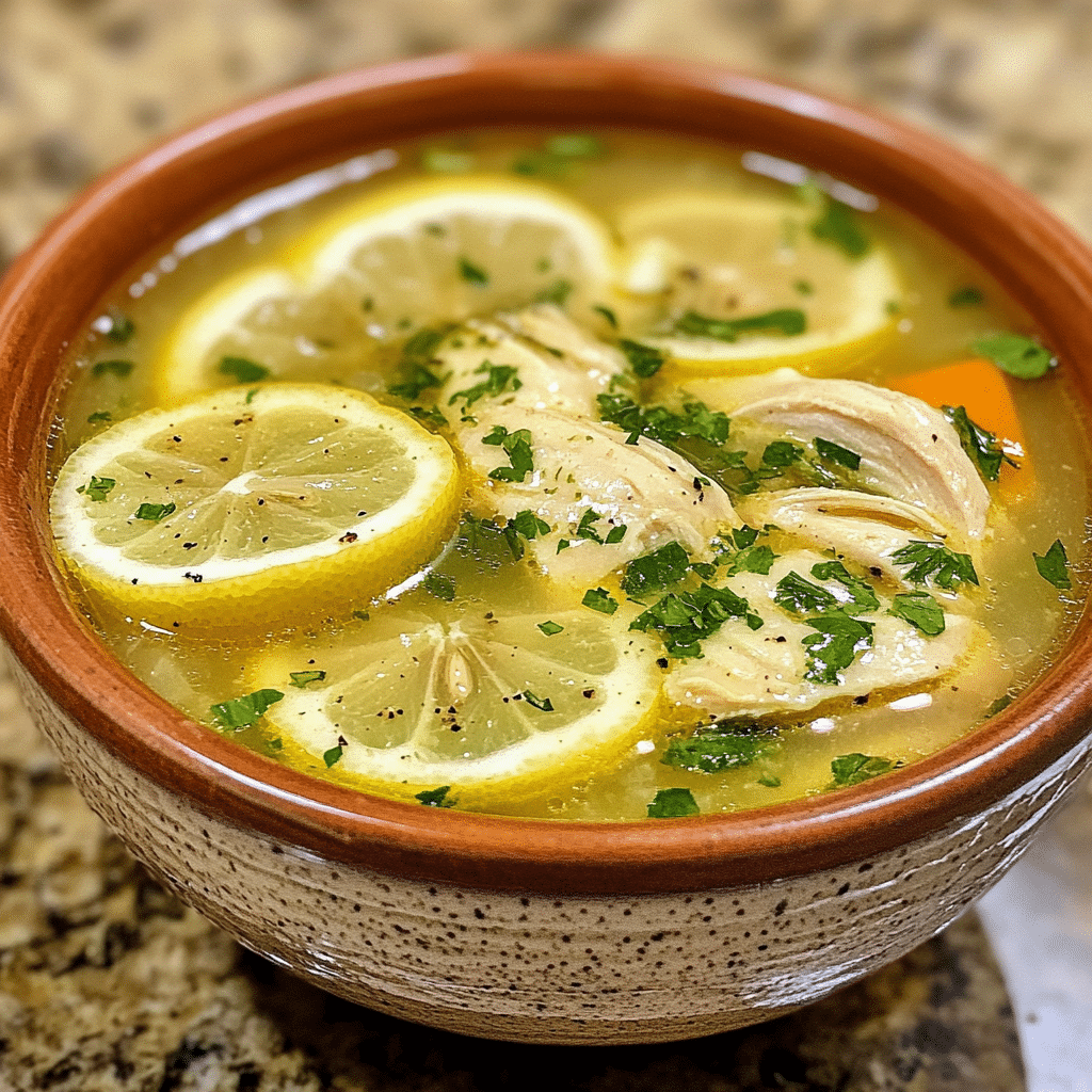 Homemade high protein lemon chicken soup in a serving dish in a bright kitchen