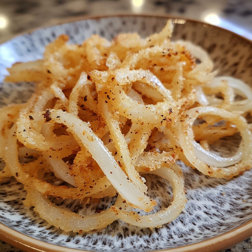 Homemade Crispy Onion Strings (French Fried Onions) Recipe served fresh in natural light