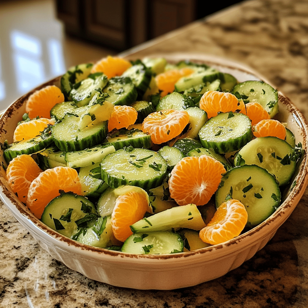 Homemade irish clementine cucumber salad in a serving dish in a bright kitchen